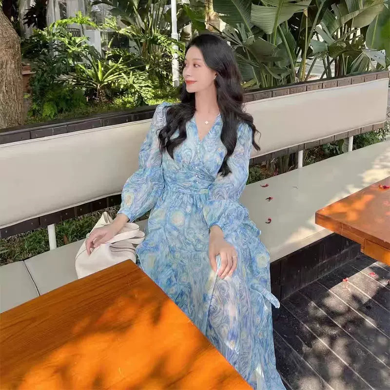 アートブルーエレガントワンピース