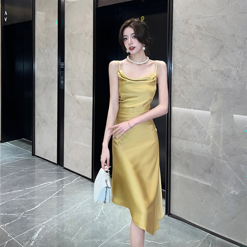 エレガントサテンアシンメトリードレス