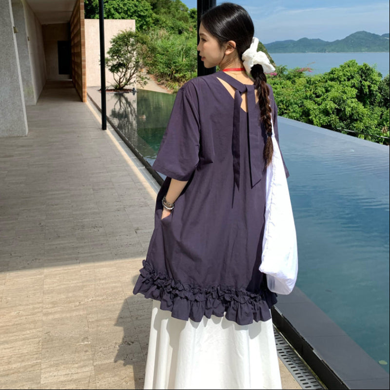 ネイビー5分袖ショート丈フリルワンピース