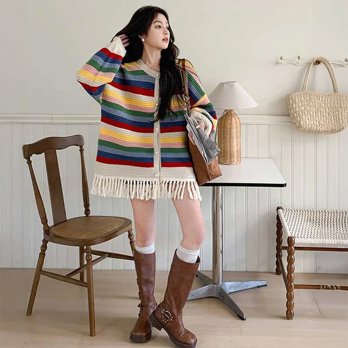 マルチボーダーフリンジカーディガン
