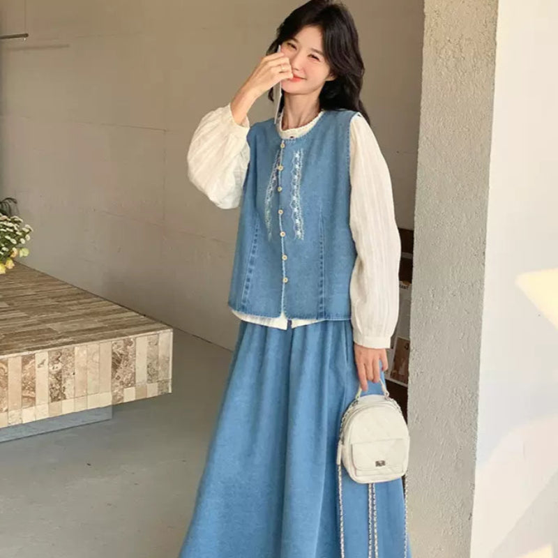 ホワイトブラウス×デニムベスト×スカートスリーピースセット