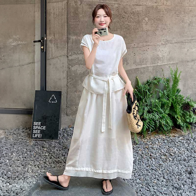 ウエストリボンブラウス×ロングスカート