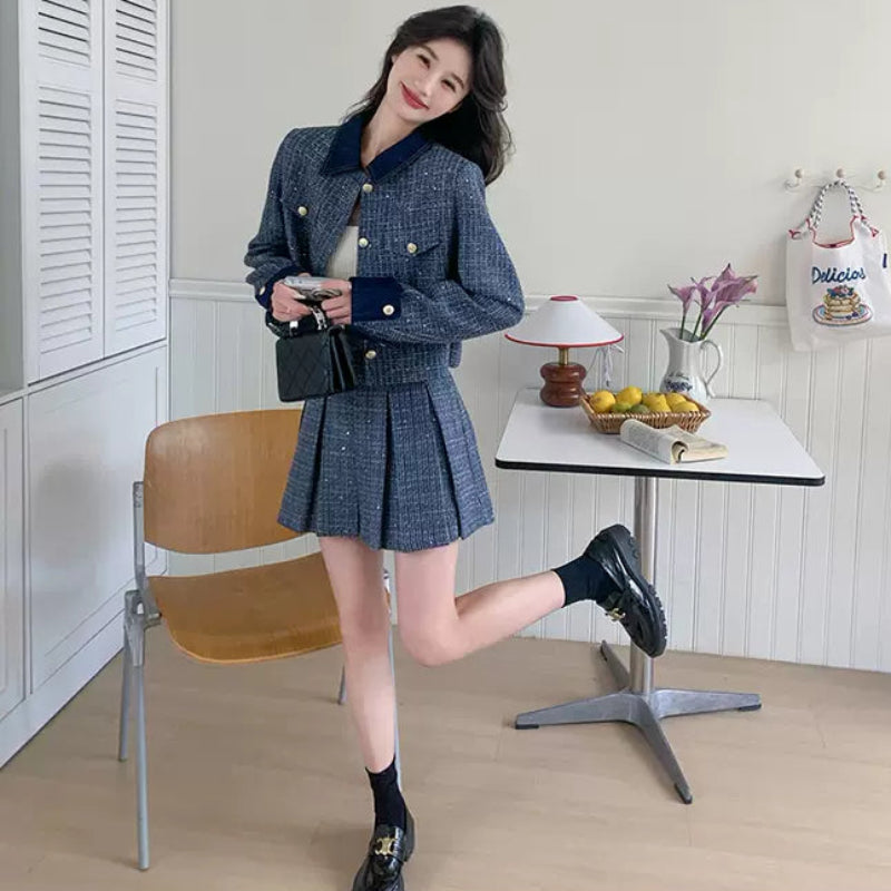 レトロブルージャケット×プリーツミニスカートセット