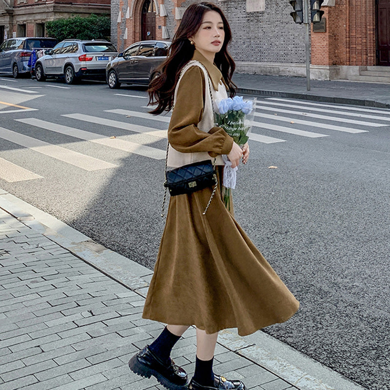 【即納】2WAYバイカラーベスト×ワンピースセット