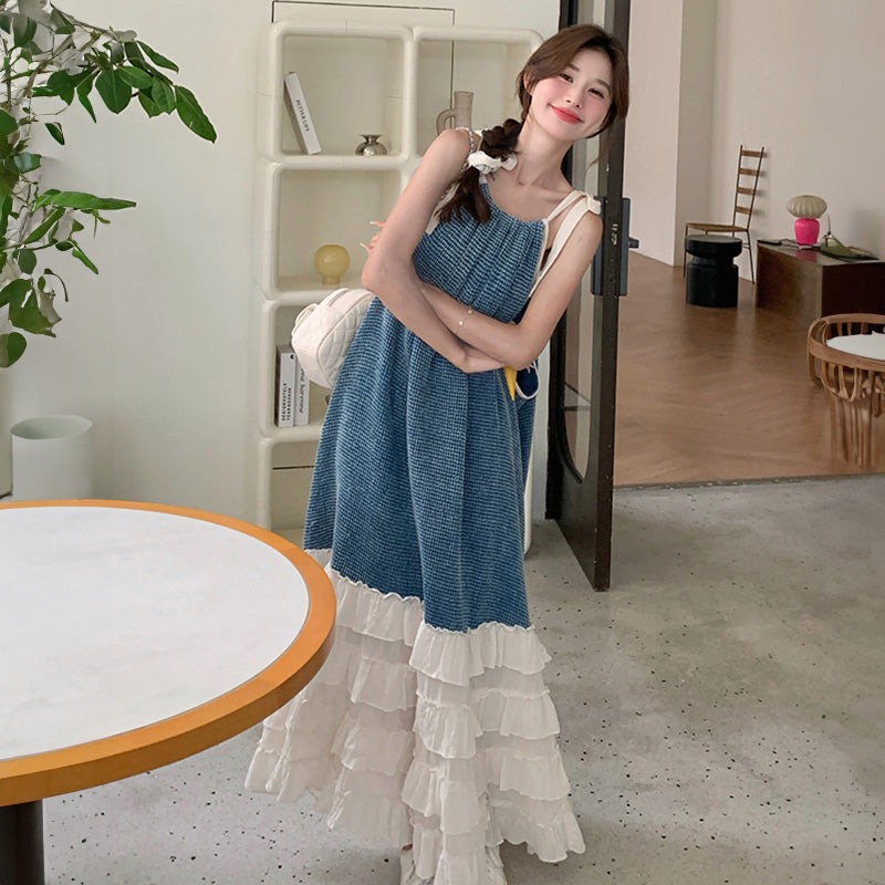 リボンキャミソール切り替えティアードワンピース