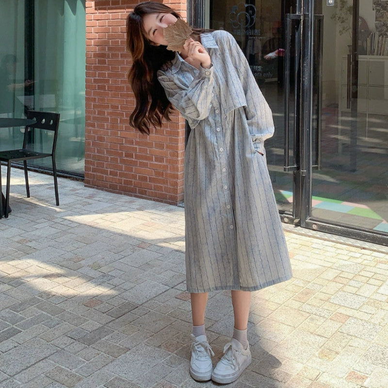 サイドドロストストライプシャツワンピース