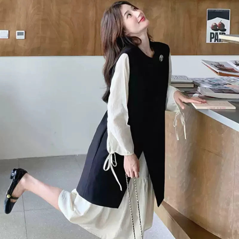 ロングベスト×ワンピースレイヤードセット