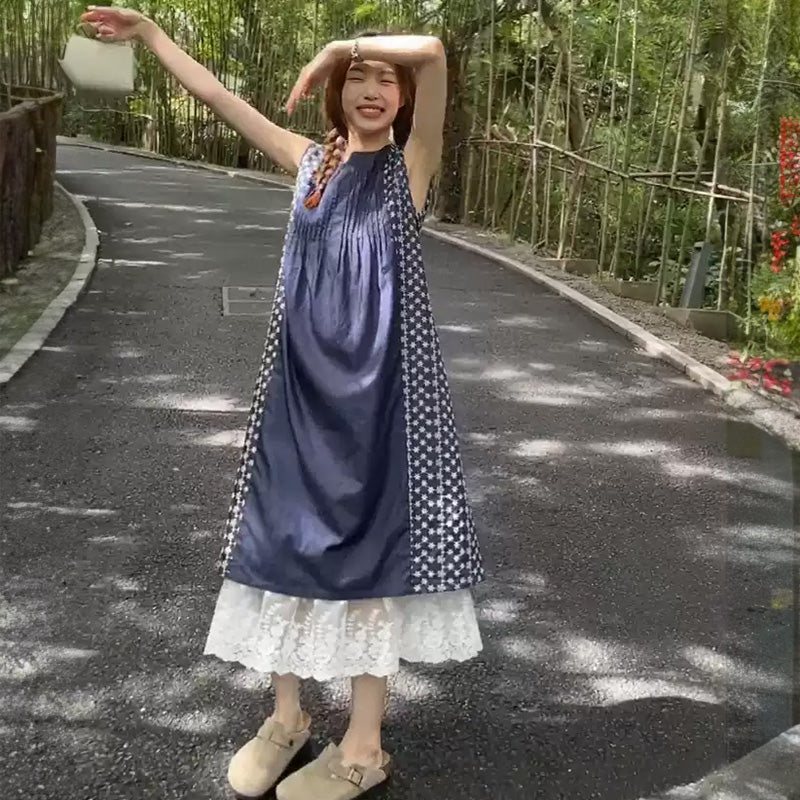 レース切り替え小花柄デザインワンピース