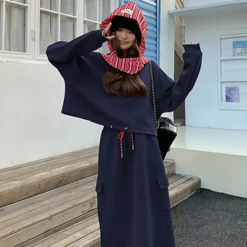 マフラーキャップ×ロゴトレーナー×スカート3点セット(2colors)