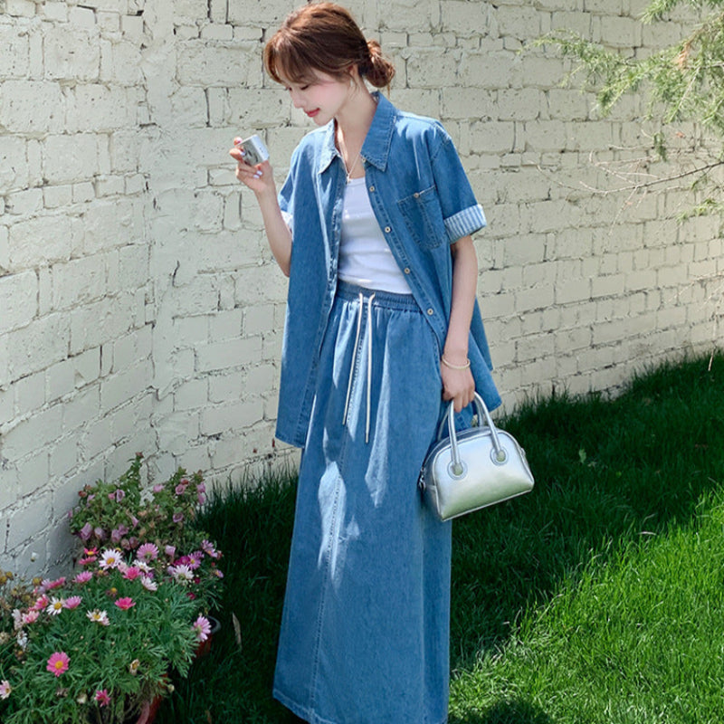 デニムシャツ×スカートセットアップ