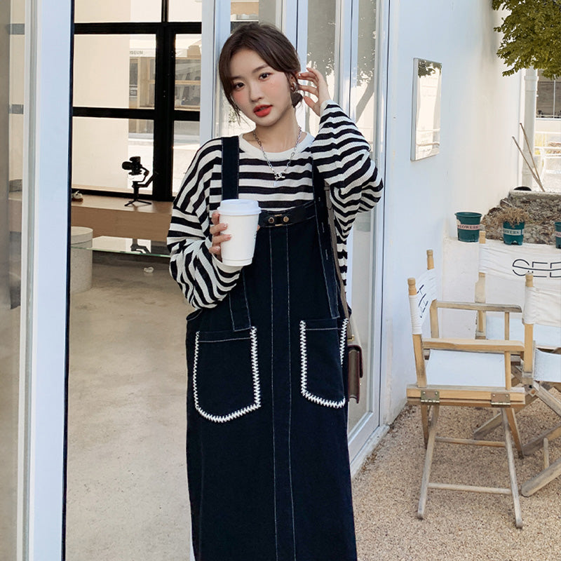 カジュアルボーダートップス×デニムサロペットワンピースセット