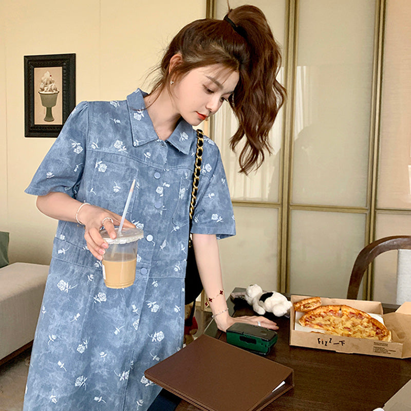 ローズプリントデニム調シャツワンピース