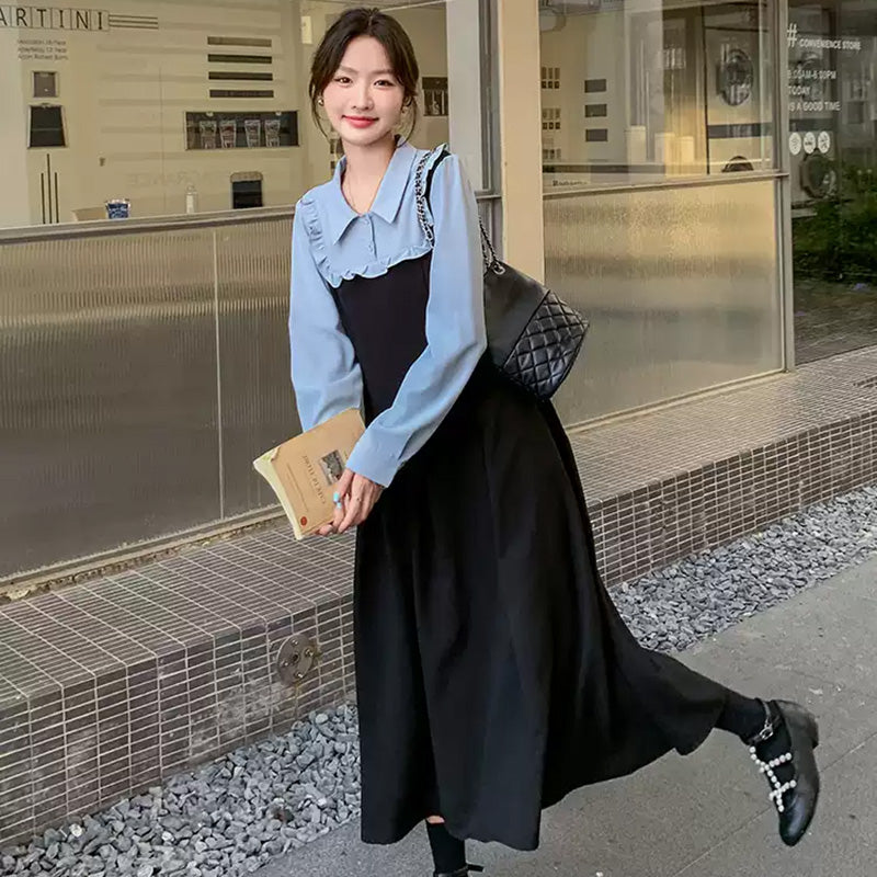 フェイクレイヤードフリルシャツワンピース