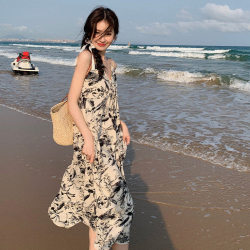 ダブルストラップボタニカルプリントワンピ