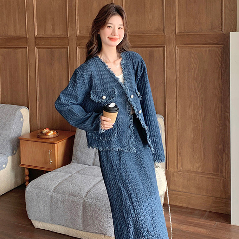 デニムフリンジジャケット×スカートセット