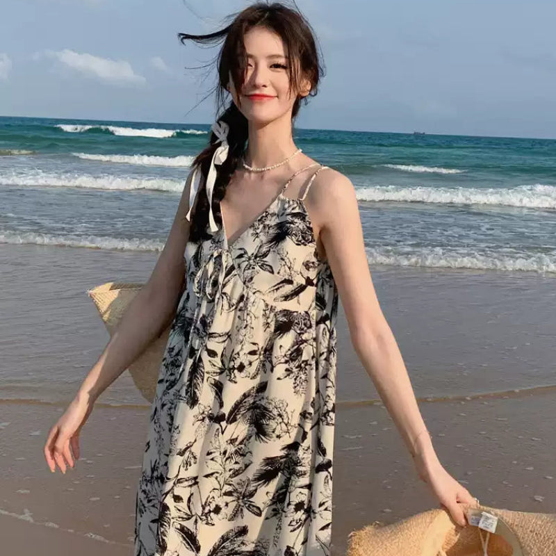 ダブルストラップボタニカルプリントワンピ