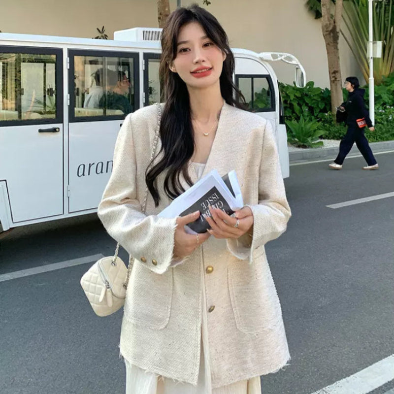 エレガントノーカラーツイードジャケット(3colors)