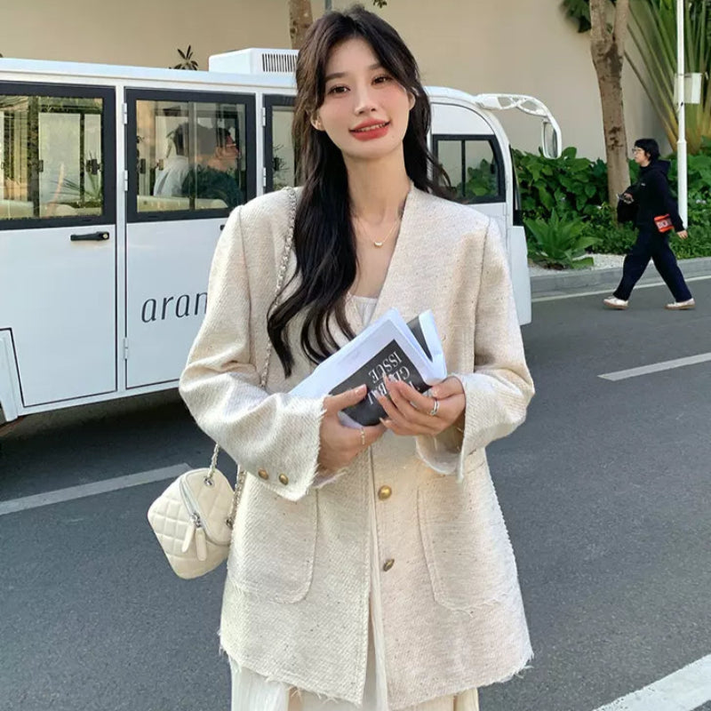 エレガントノーカラーツイードジャケット(3colors)