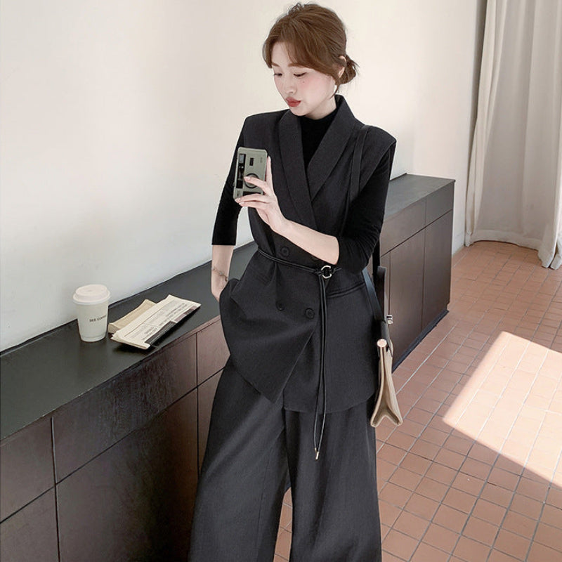 スリーブレスジャケット×トップス×ワイドパンツ3点セット