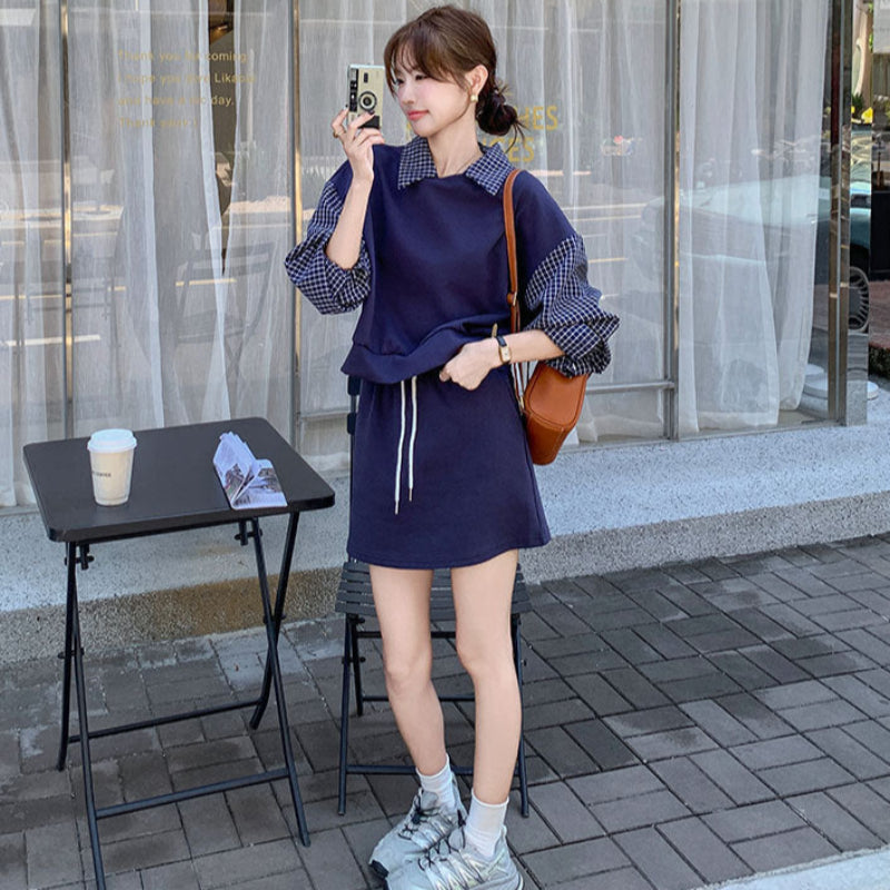 ブルーチェックレイヤードスウェットスカートセット