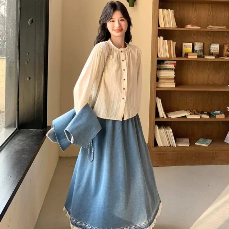 ホワイトブラウス×デニムベスト×スカートスリーピースセット