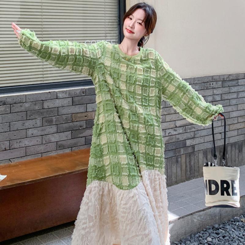 グリーンエンボスチェックワンピース