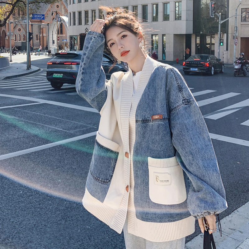 異素材MIXデザインニット×デニムジャケット