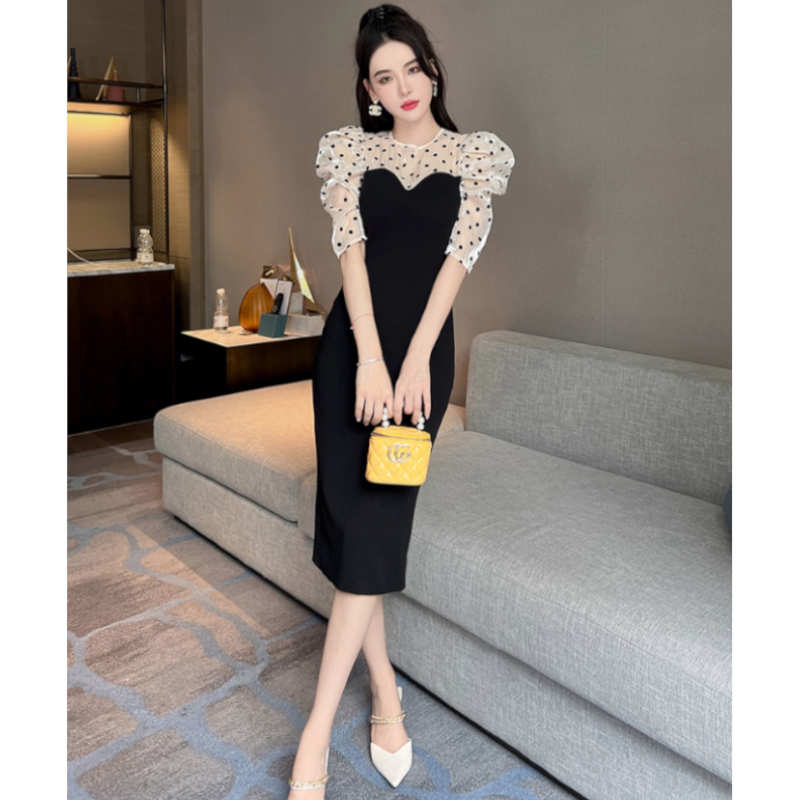 シャイニーポルカドットブラウスコンビビスチェワンピース