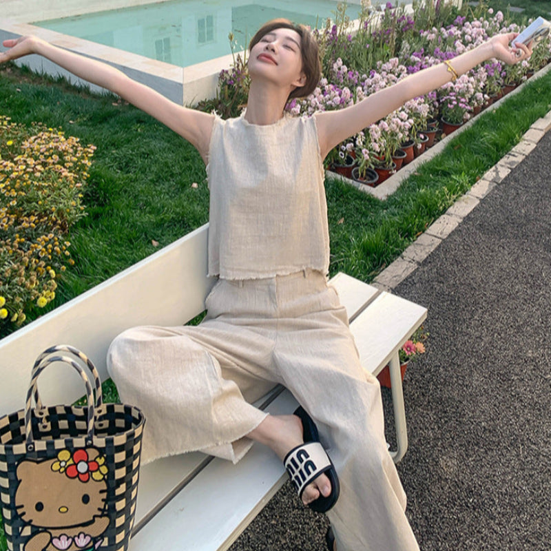 ノースリーブトップス×ワイドレッグパンツスーツ(2colors)