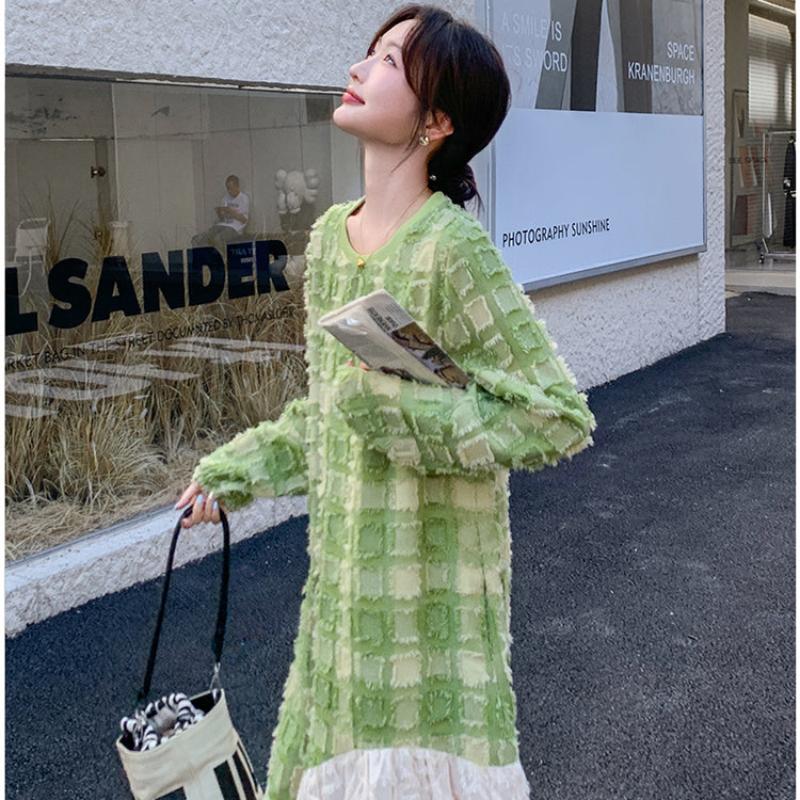 グリーンエンボスチェックワンピース