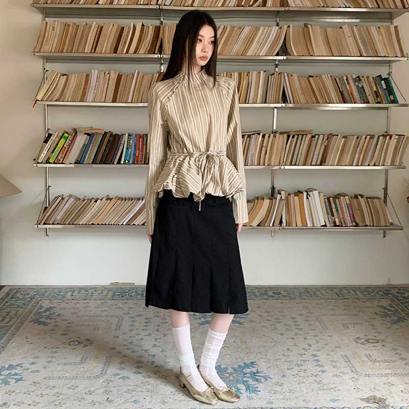 ストライプペプラムブラウス