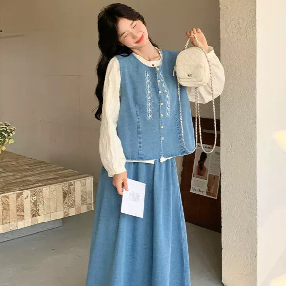 ホワイトブラウス×デニムベスト×スカートスリーピースセット