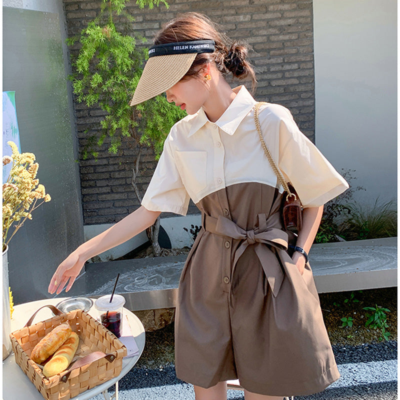 バイカラーウエストリボン ショートオールインワン