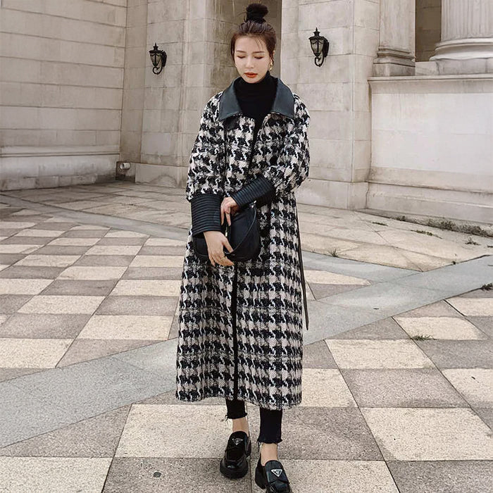 エコレザーコンビネーション千鳥格子柄ロングコート