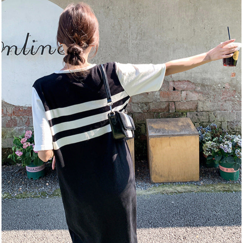 配色ボーダードッキングワンピース