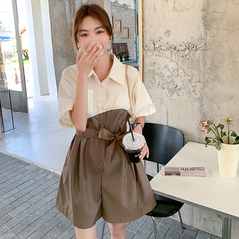 バイカラーウエストリボン ショートオールインワン