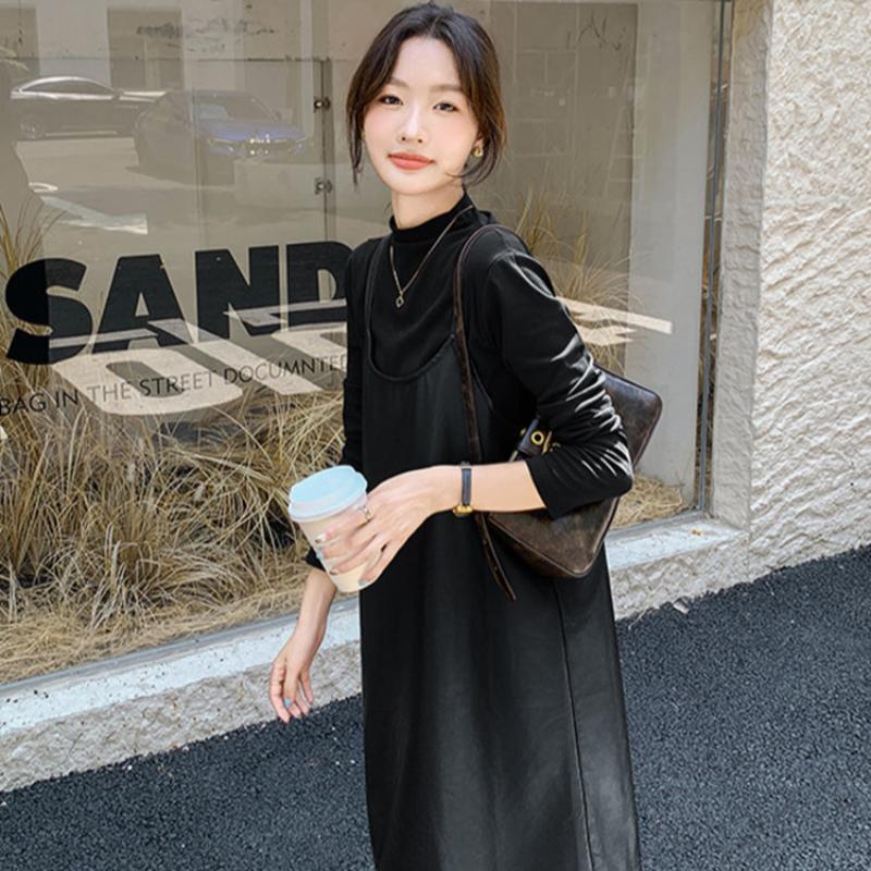 タートルトップス×PUレザーワンピースセット(2colors)