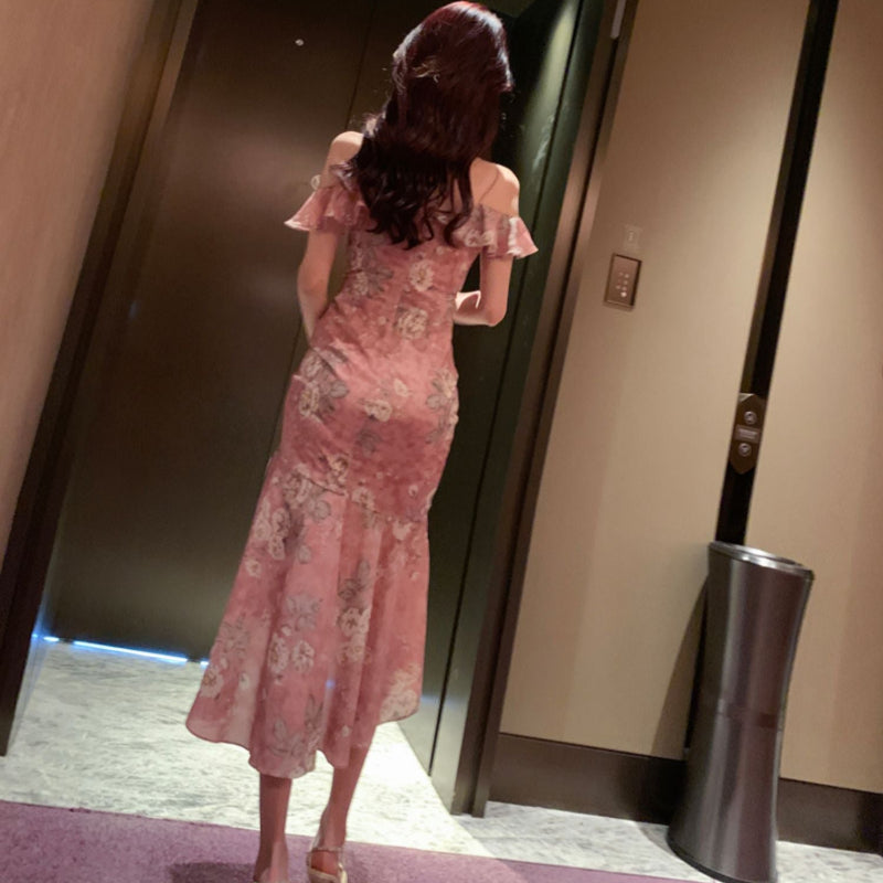 シフォンフラワープリントドレス