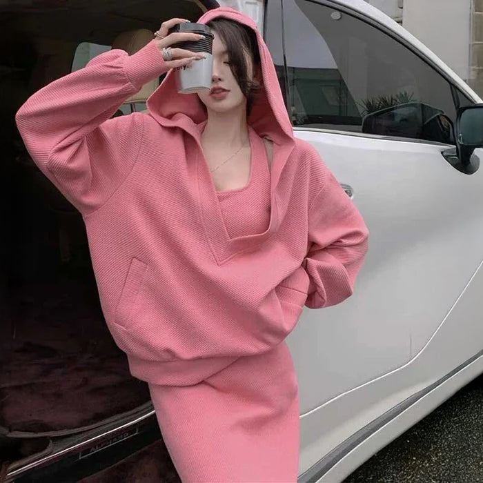 スウェットフーディー×ホルターネックワンピース(4colors)