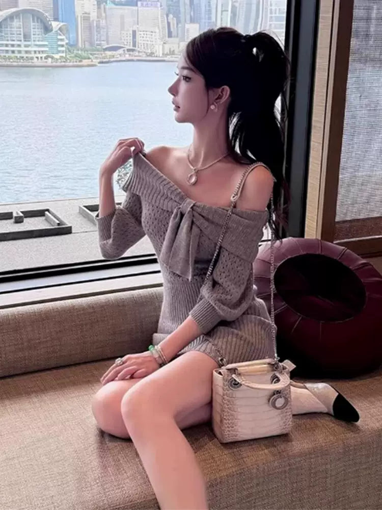 オフショルダーリボンニットワンピース