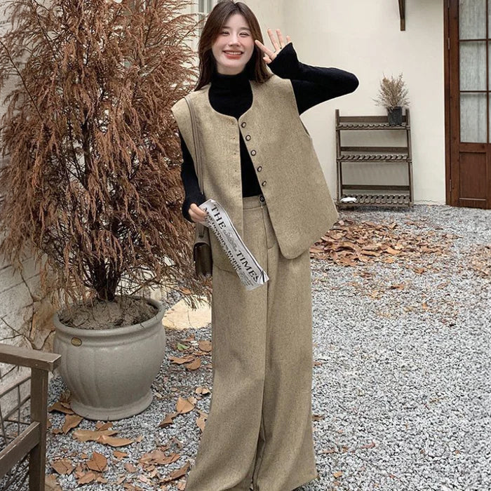 フロントボタンベスト×ワイドパンツセット