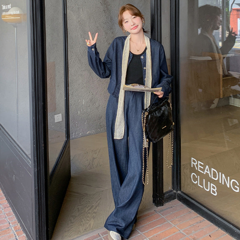 レースリボン付きデニムスーツジャケット×ワイドパンツ