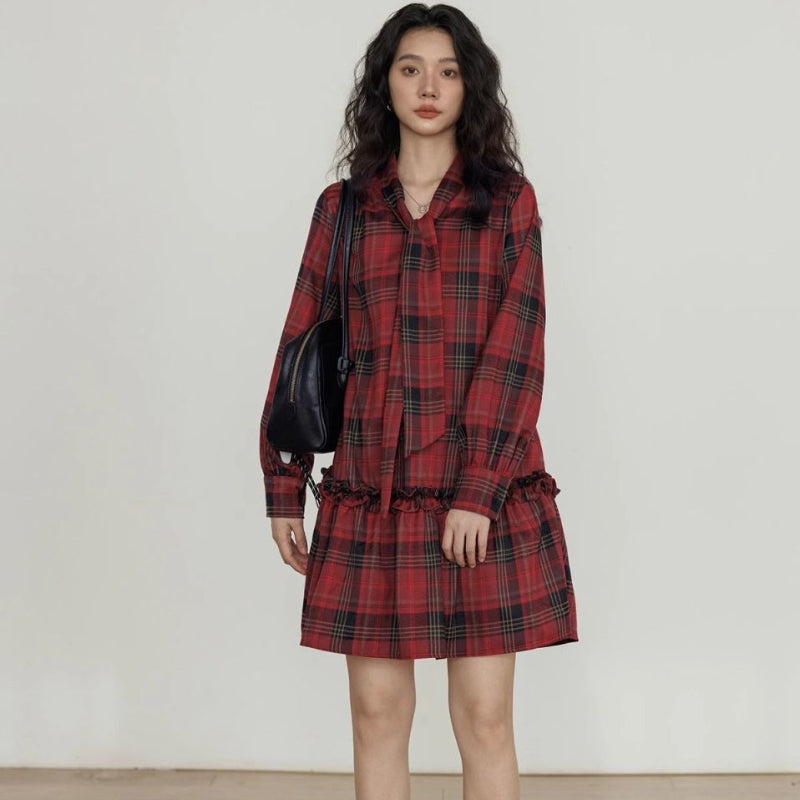 ヴィンテージチェックボウタイミニワンピース