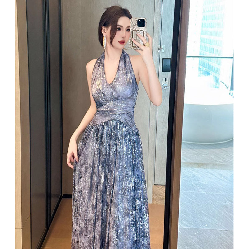 ホルターネックインクプリントロング丈パーティードレス(2colors)