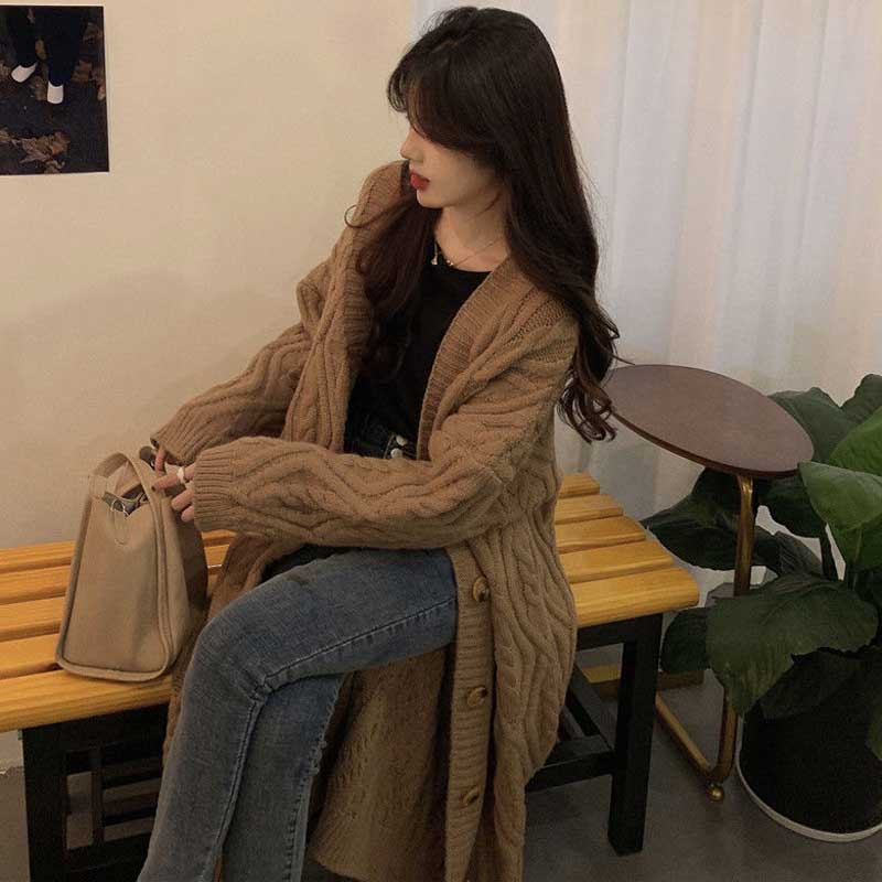 ケーブル編みロングニットカーディガン(4colors)