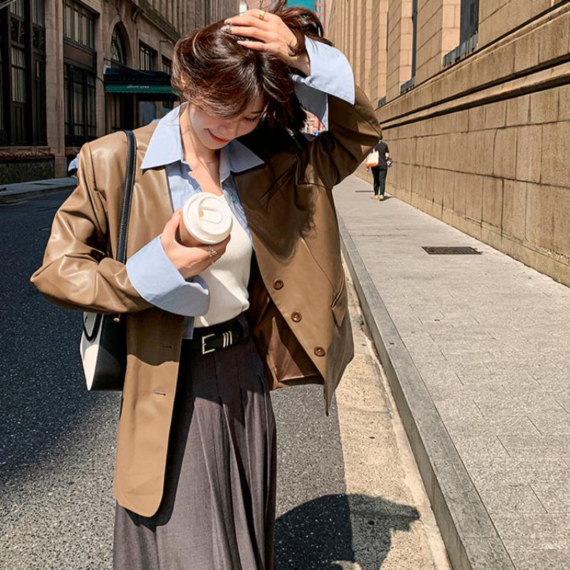 ノーカラーVラインPUレザージャケット