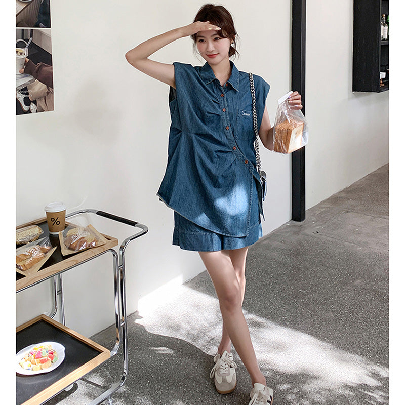デニムノースリーブシャツ×ショートパンツセット