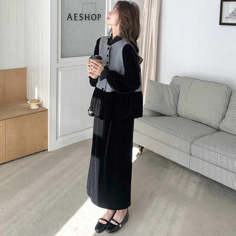 エレガンスベルベットベスト×トップス×スカート3点セット