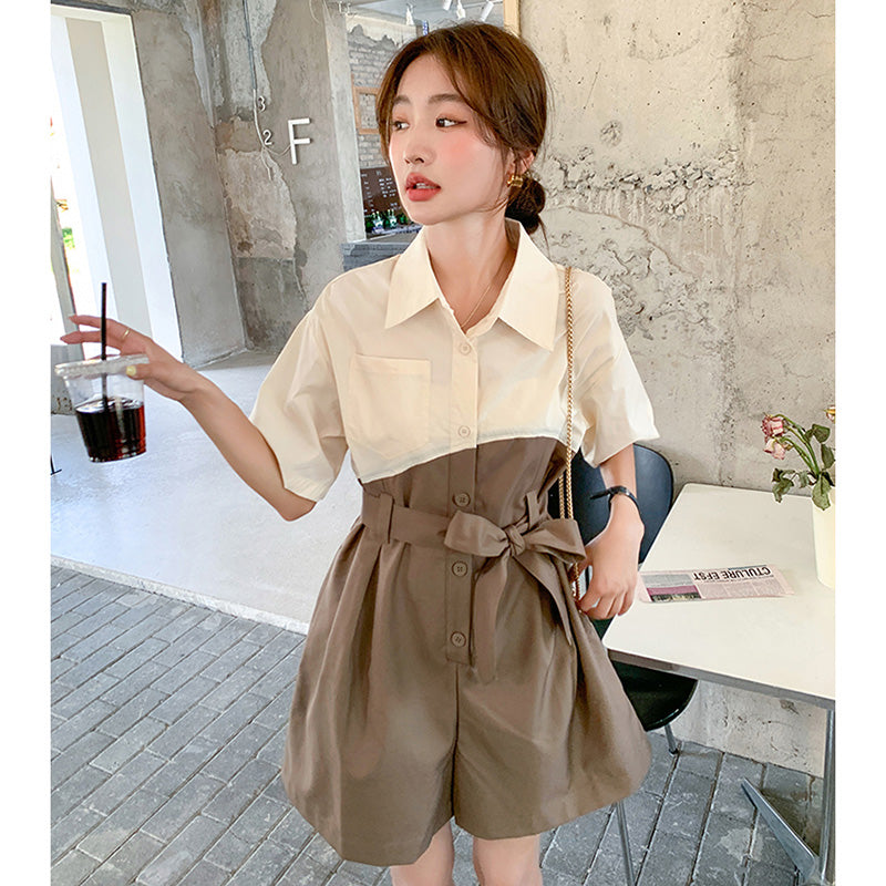 バイカラーウエストリボン ショートオールインワン