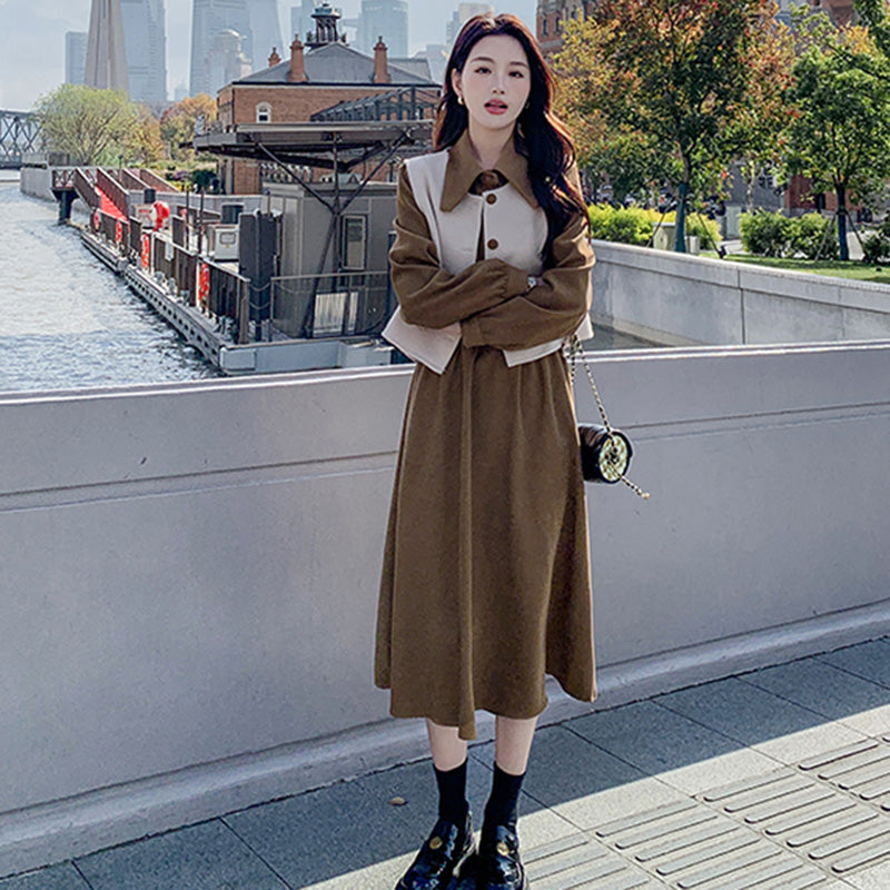 【即納】2WAYバイカラーベスト×ワンピースセット